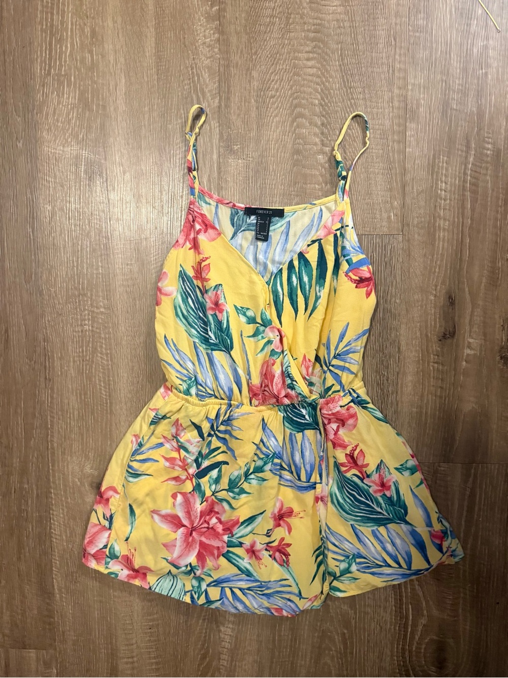 Forever 21 Yellow Tropical Print V-Neck Romper
